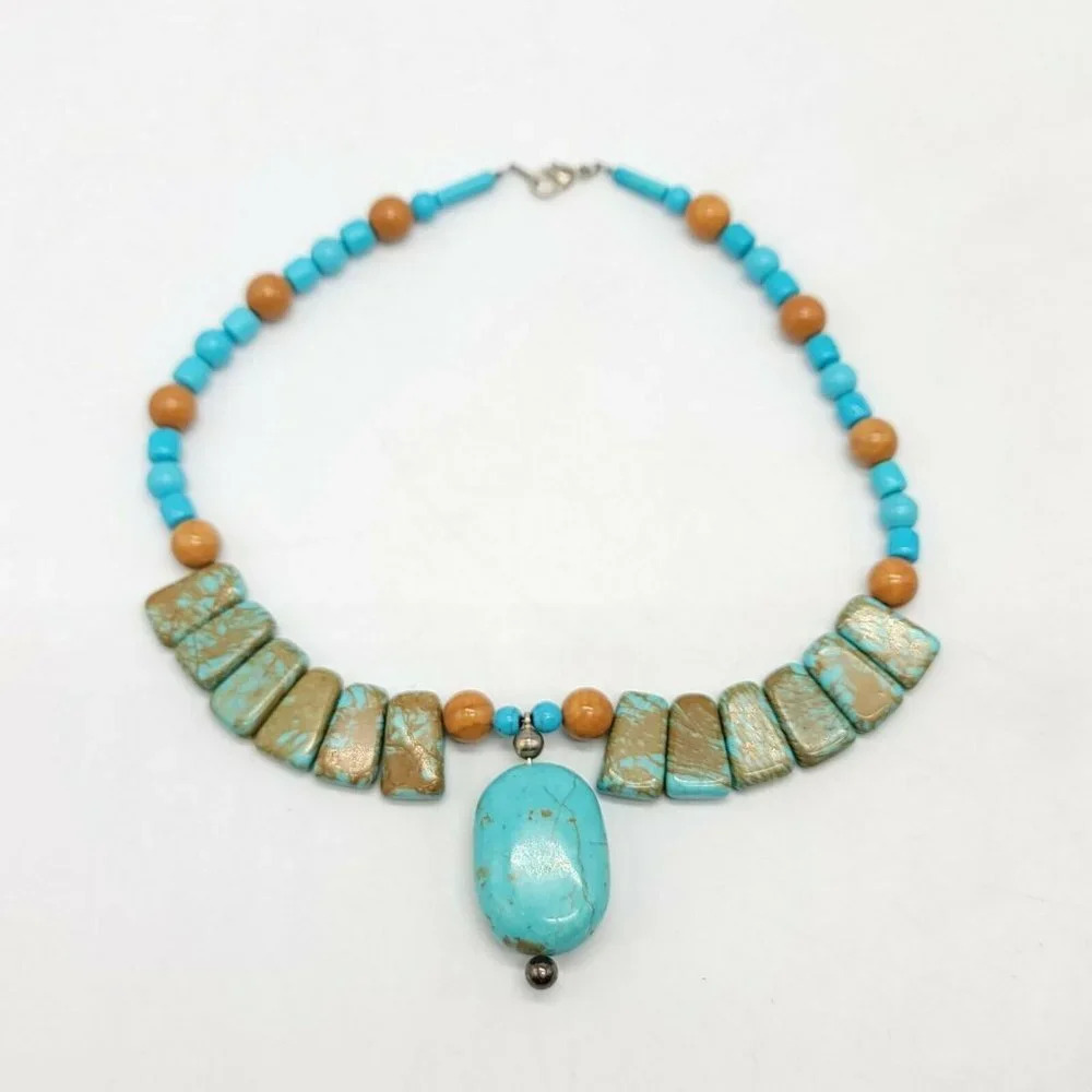 Blue Dyed Howlite Faux Wood Glass Bead Beaded Sout
